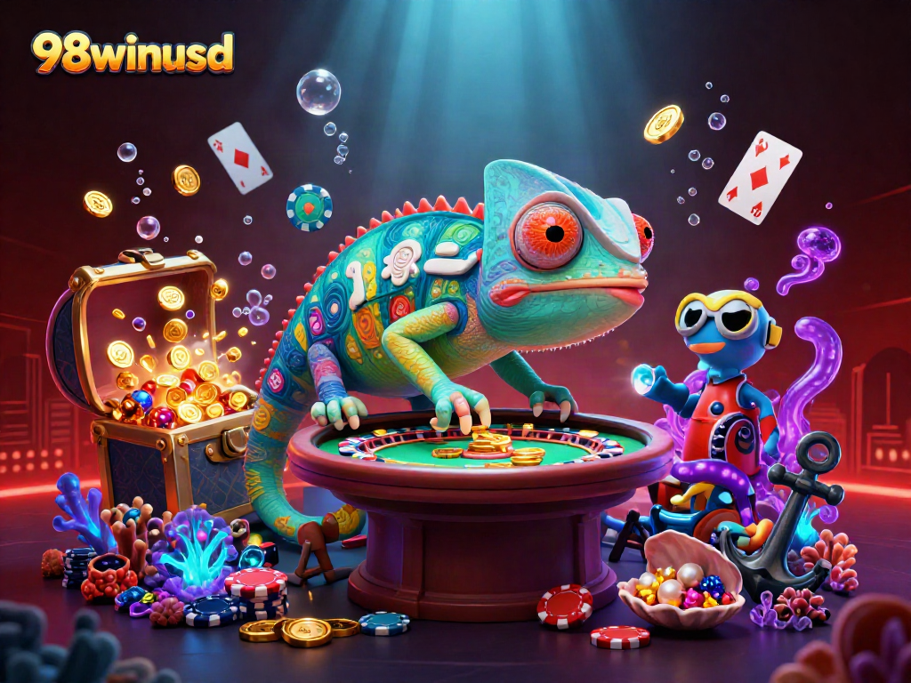 Experience casino excitement with 98winusd’s vibrant chameleon casino owner amidst gold treasures.