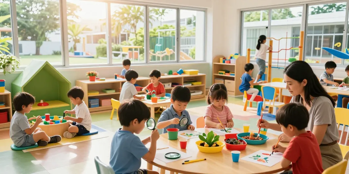 Kindergarten Singapore children engaged in inquiry-based learning in an interactive classroom.