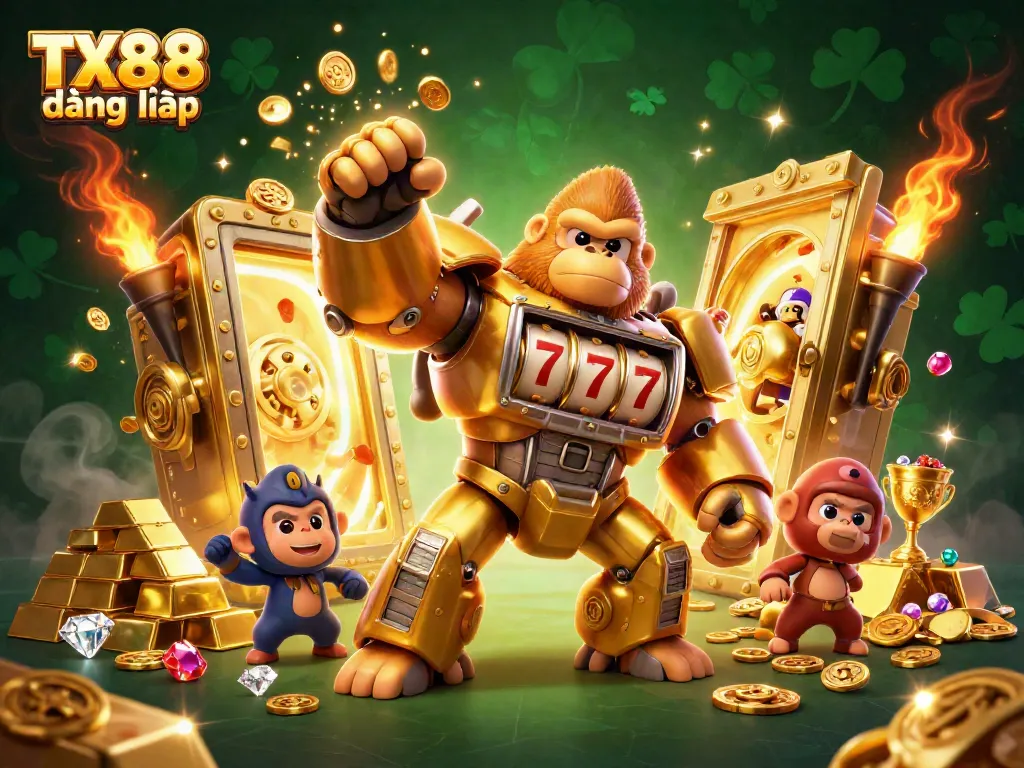 Experience thrilling gaming with TX88 đăng nhập featuring a golden gorilla mech and treasure vaults bursting with riches.