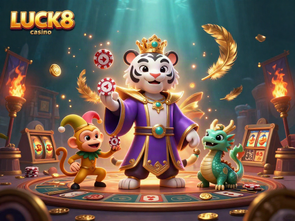 Experience thrill with the LUCK8 casino characters in a vibrant gaming atmosphere.