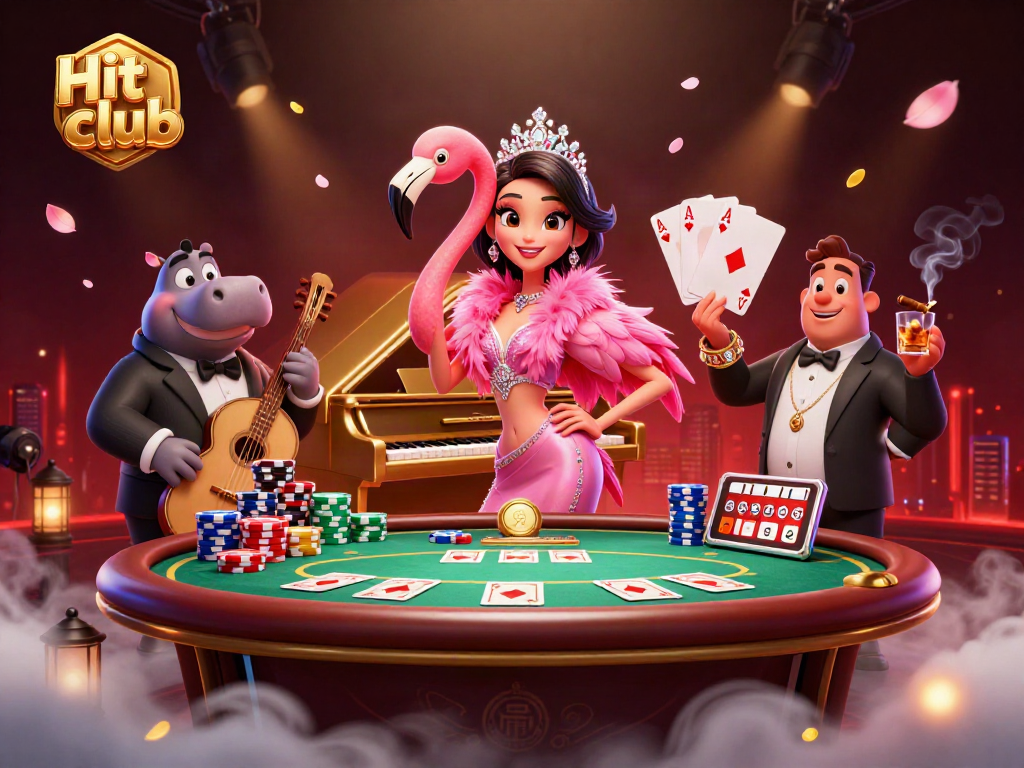 Engaging scene of Hit club with a vibrant flamingo singer and hippo bassist creating a lively casino atmosphere.
