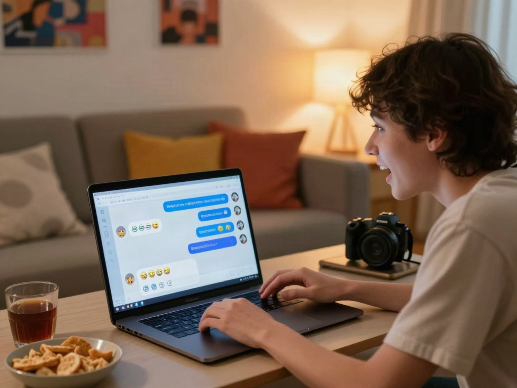 Young adult interacting with an nsfw chat bot on a laptop in a cozy setting