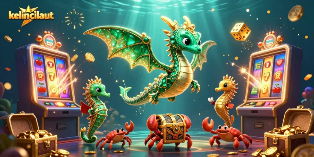 Kelincilaut showcases a vibrant casino scene with a sea dragon, slot machines, and glowing treasures.