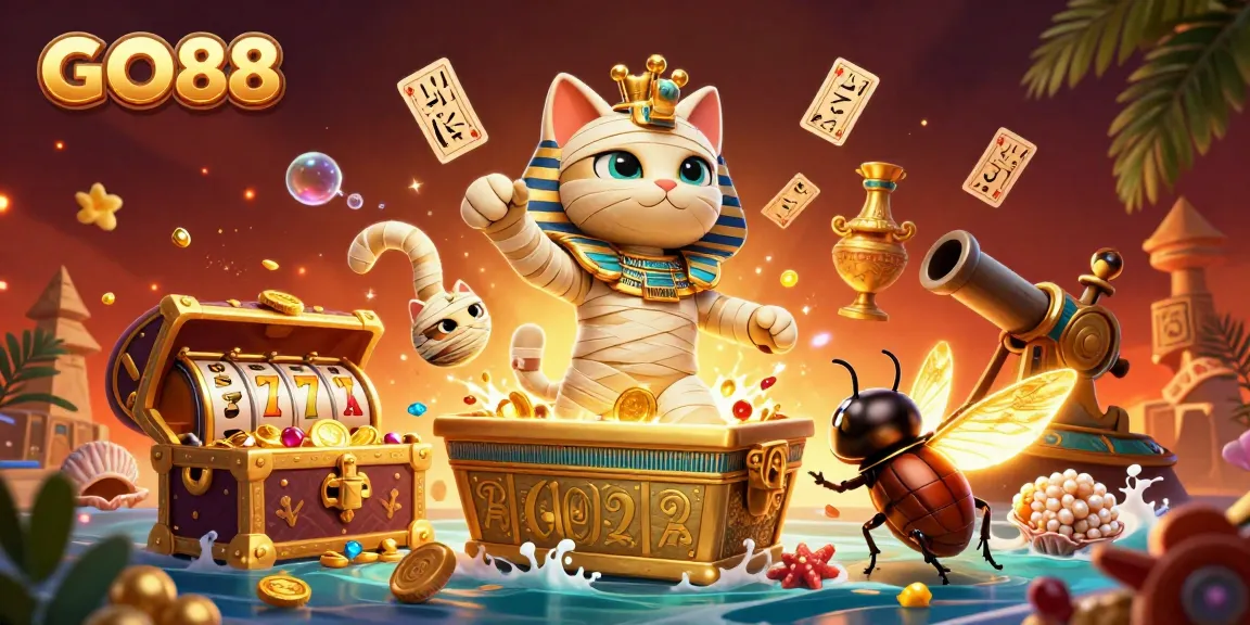 Experience GO88 with a dynamic 3D illustration of a mummy cat and casino elements