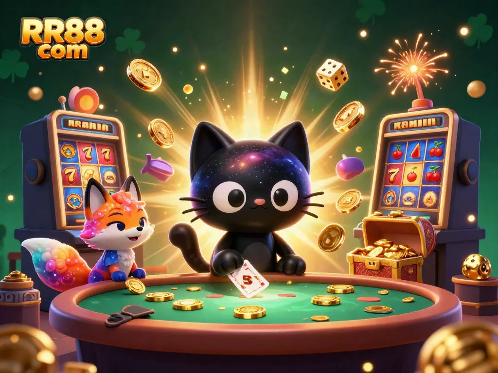 Win big at RR88 com with this dynamic casino scene featuring a black hole cat and nebula fox.