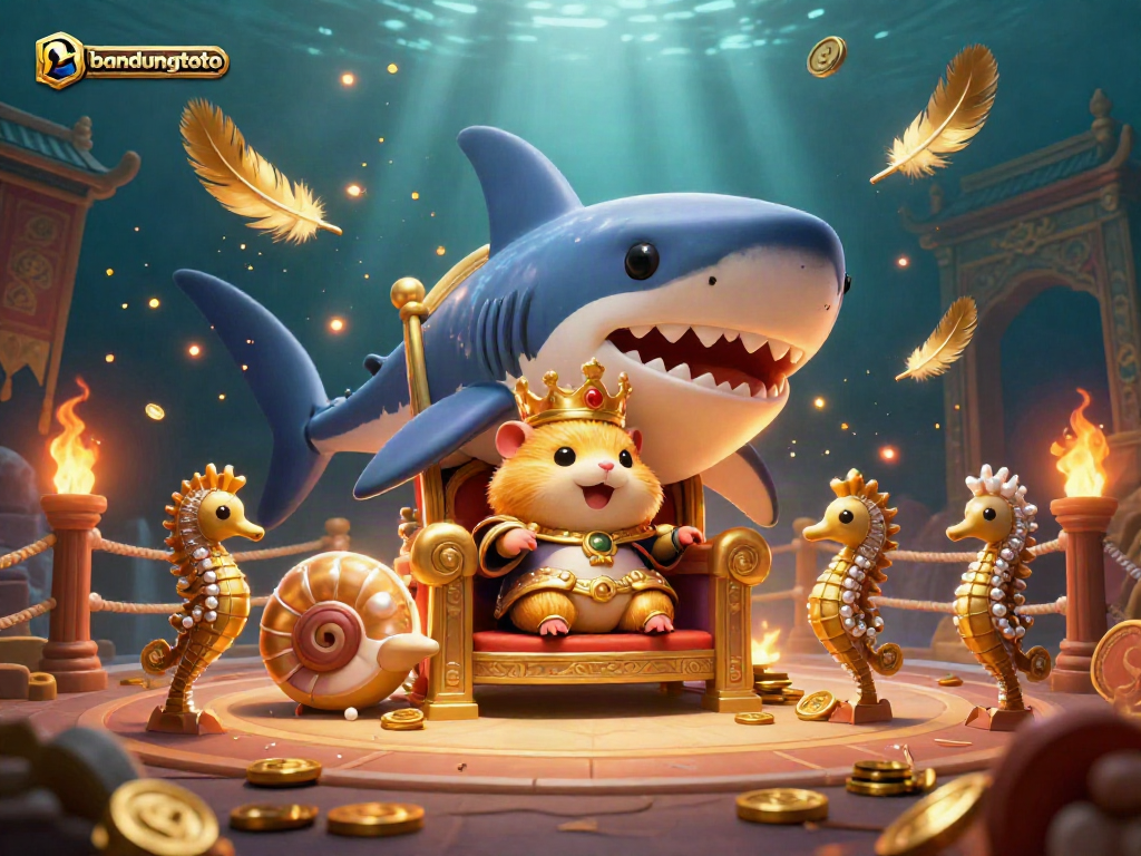 Experience the excitement of bandungtoto with this vibrant 3D illustration of a golden hamster king overseeing a casino themed scene.
