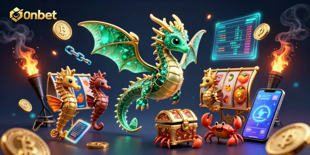 Experience thrilling slots with Onbet, featuring a vibrant sea dragon, crypto coins, and jackpot treasures.