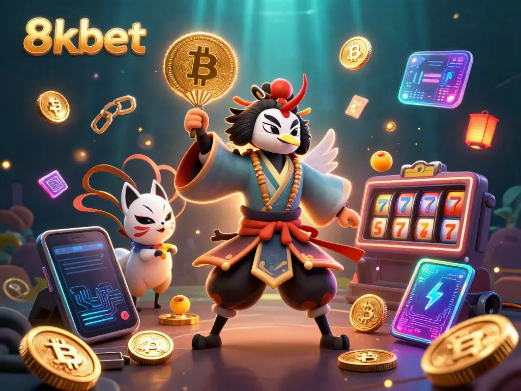 Experience dynamic gaming with 8xbet's vibrant 3D scene, showcasing Kabuki warriors amidst slot reels.