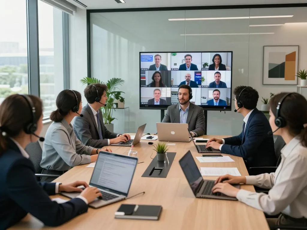 Deepfake-protected meetings with a diverse group of professionals in a modern conference room, emphasizing security and authenticity.