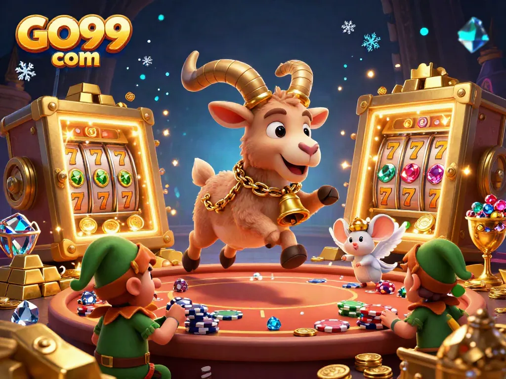 Experience the excitement of GO99 com as a Krampus goat manages a festive casino with mischievous gremlins stealing chips amid treasures.