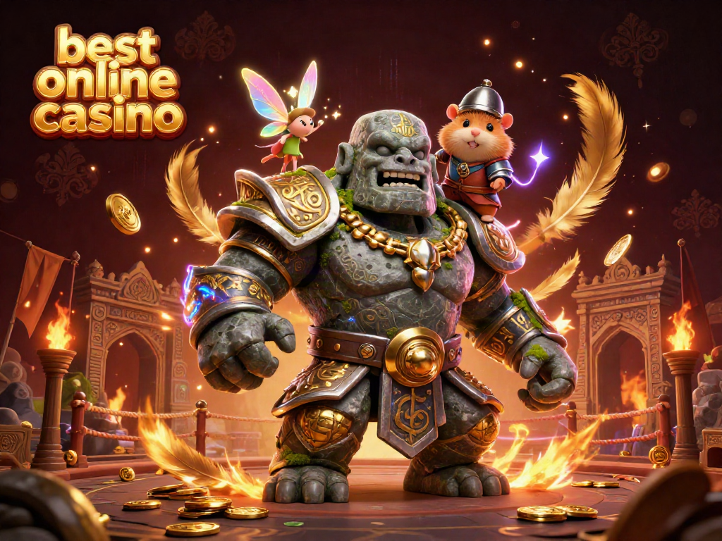 Experience the magic of the best online casino with a dynamic 3D scene featuring a golem, fairy, and hamster knight.