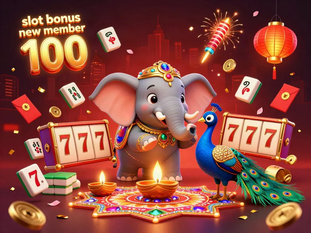 Engage with "slot bonus new member 100" in a vibrant 3D casino scene featuring an elephant and peacock.
