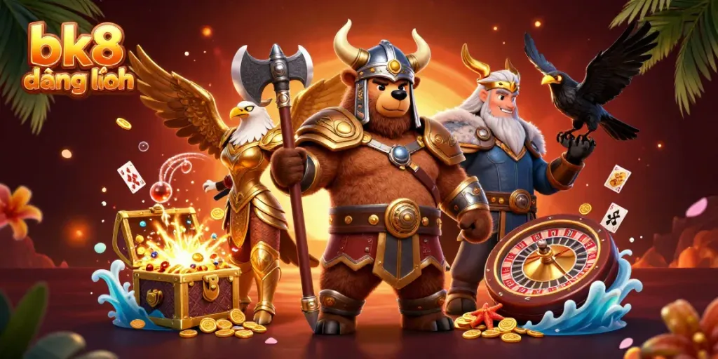 Spin the excitement of bk8 đăng nhập with a vibrant casino-themed illustration filled with captivating characters and action.
