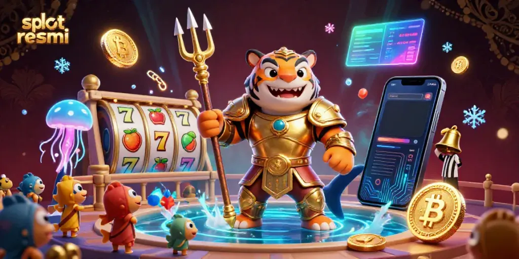 Engaging slot resmi illustration featuring a tiger shark in gladiator armor amidst slot game symbols and crypto coins.