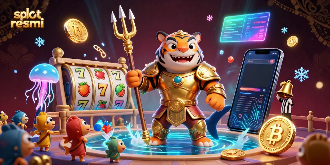 Engaging slot resmi illustration featuring a tiger shark in gladiator armor amidst slot game symbols and crypto coins.
