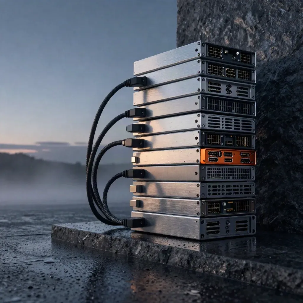 Wet aluminum dev hardware stack on rain-dark stone with ember-orange accents at dawn.