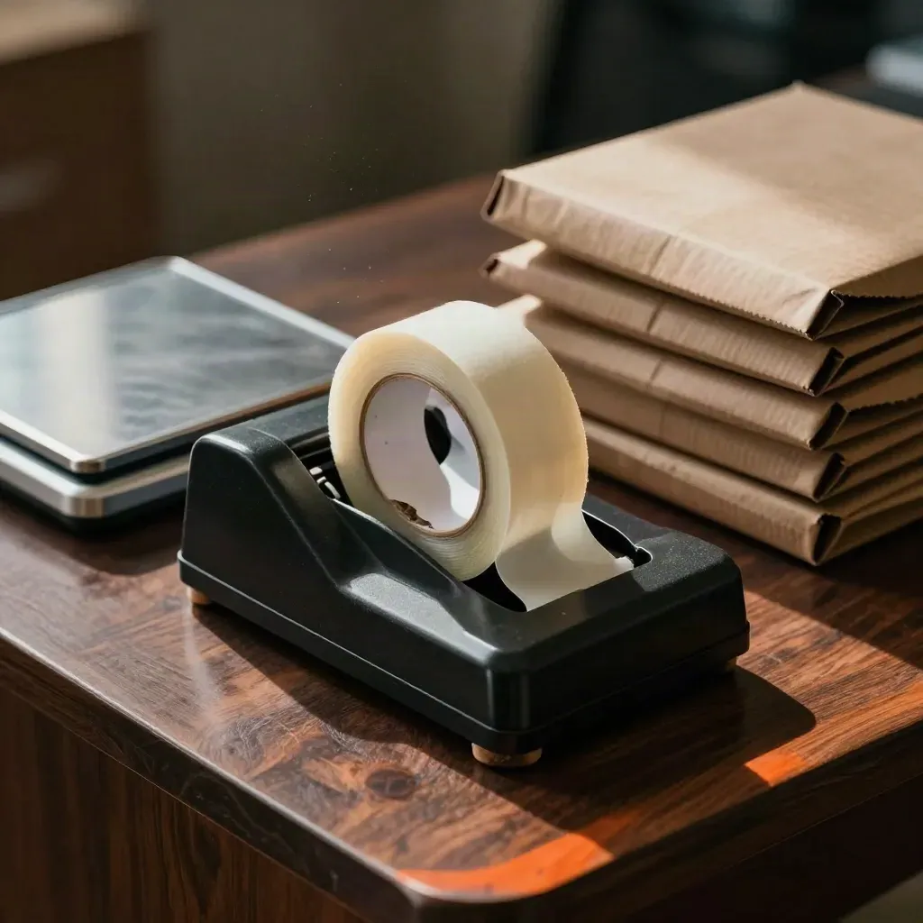 Macro still life of payment tools, tape, scale and mailer boxes on a dark walnut surface.