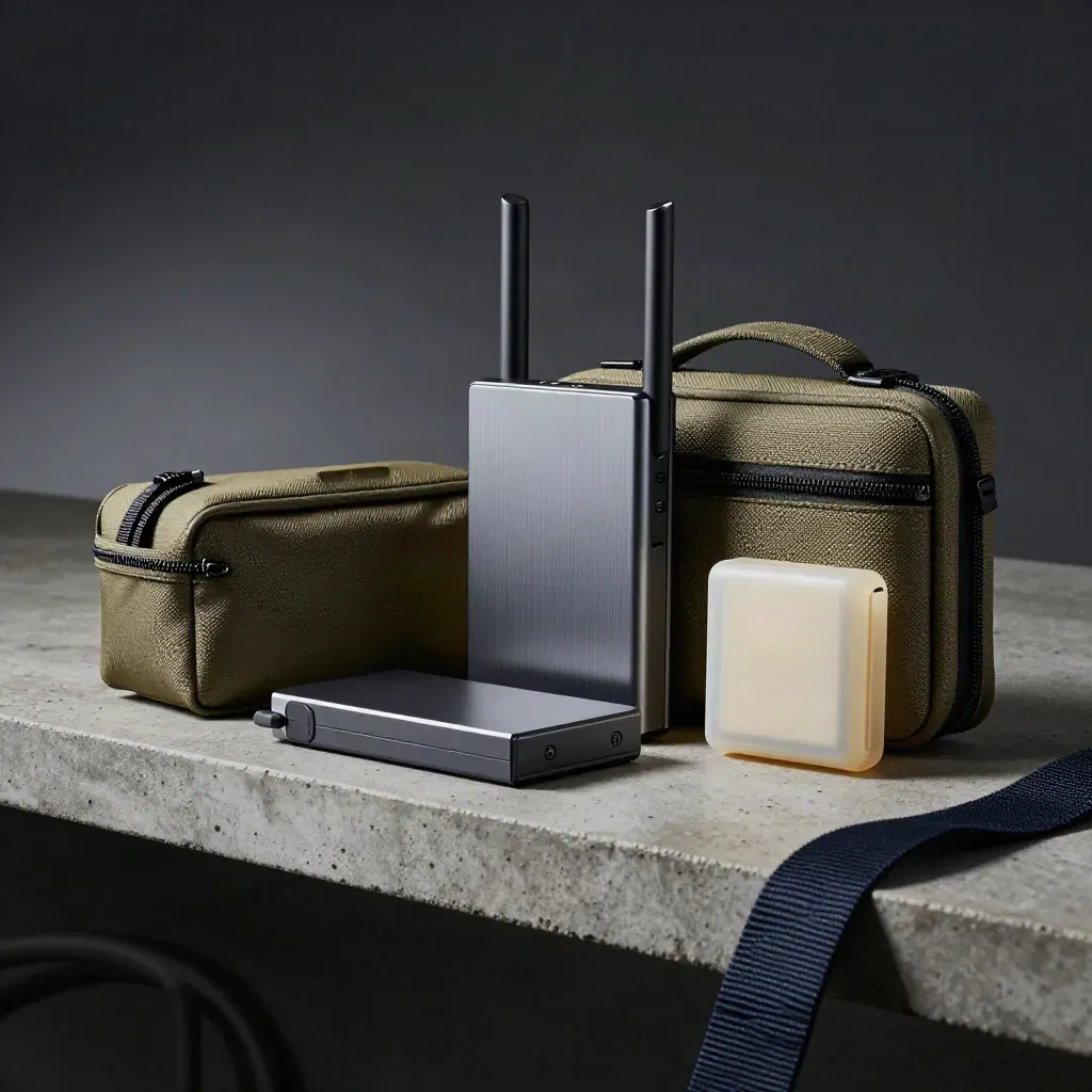 Packed router kit on concrete with cable case, backup drive and adapter pouch in moody studio light.