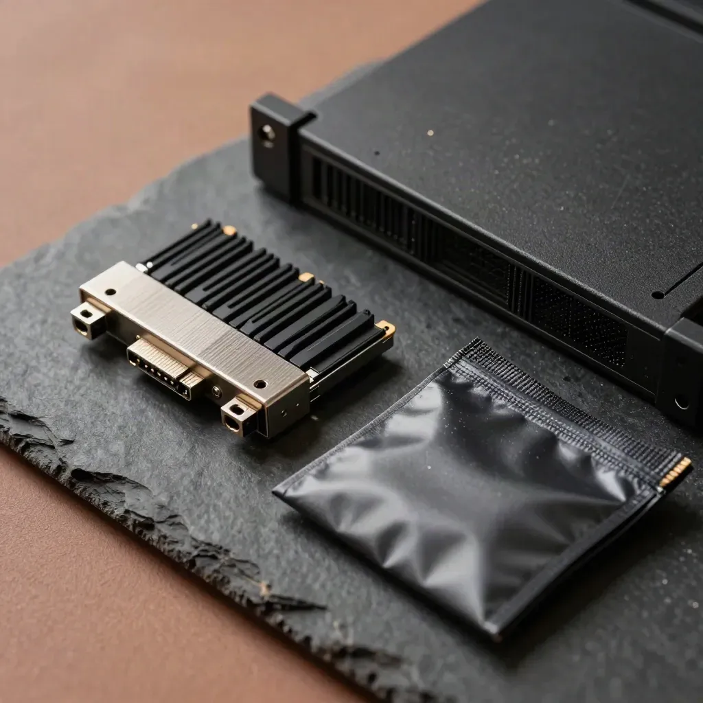 Top-down macro of SFP modules, cable combs, anti-static pouch, and rack blanking panels on dark stone.