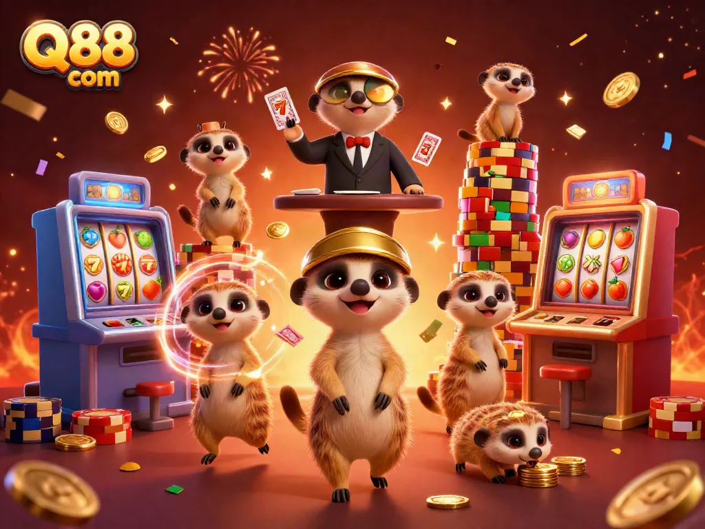 Experience the excitement of Q88 com with a lively meerkat casino scene featuring slot machines and colorful chips.