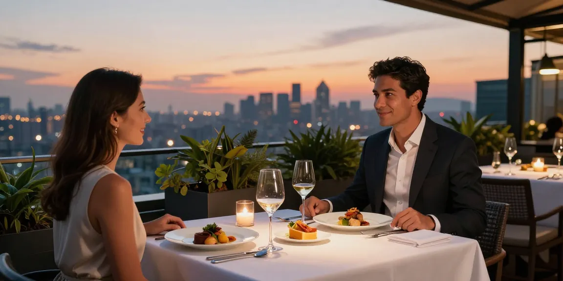 Carmen's Luxury Travel couple dining in style at a rooftop restaurant with city skyline views.