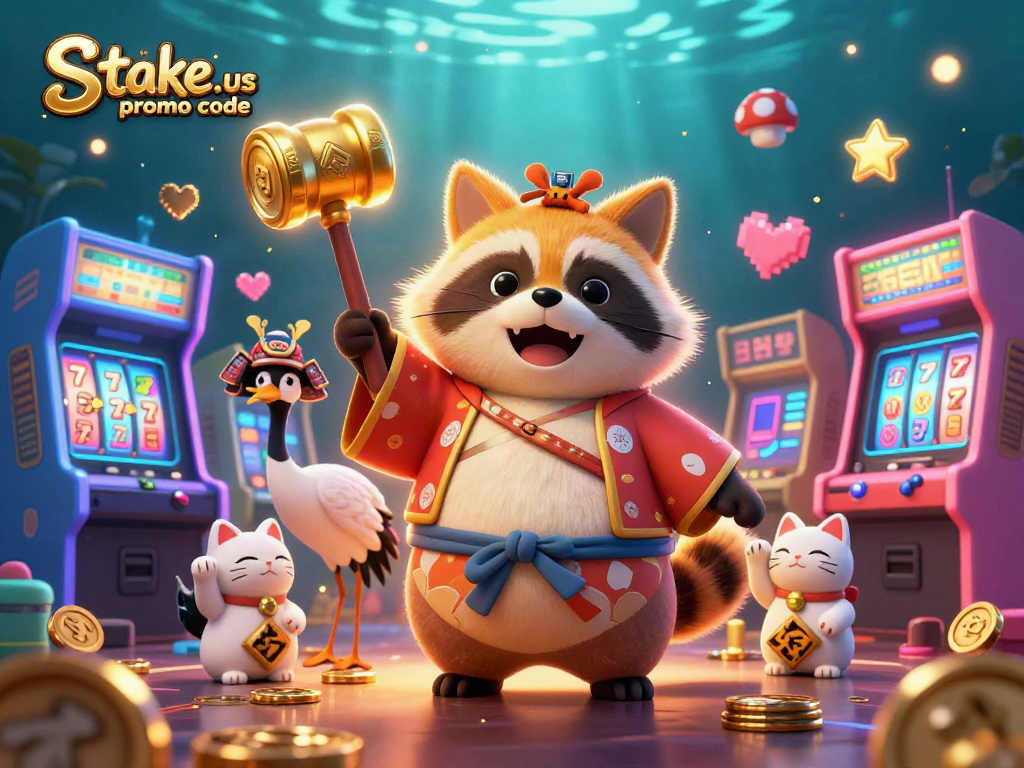 Claim exciting rewards with the stake.us promo code in this vibrant 3D casino illustration featuring characters.