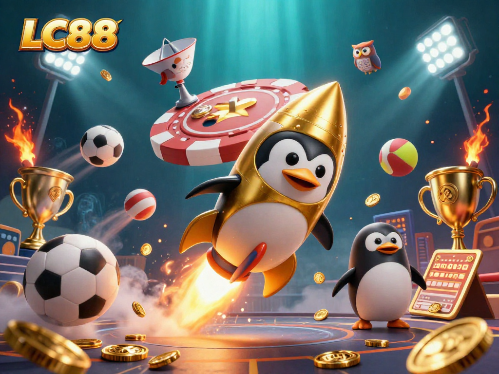 Engage with LC88: a golden penguin soaring towards the casino universe, capturing the thrill of gaming.