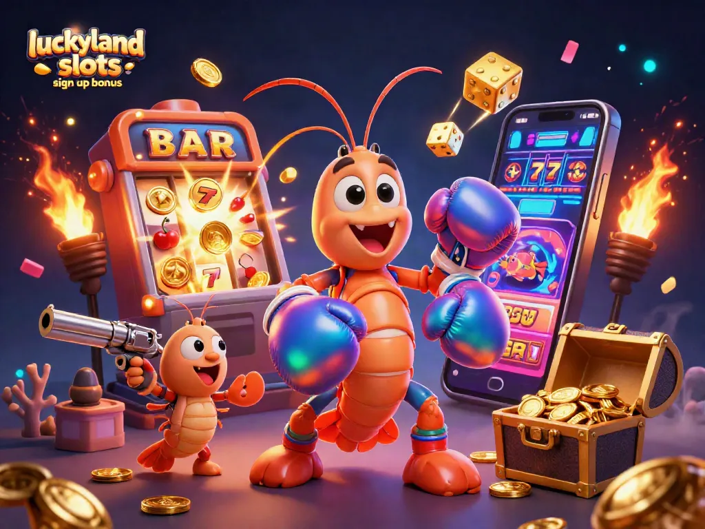 Experience the luckyland slots sign up bonus with dynamic casino characters bursting from a jackpot scene.