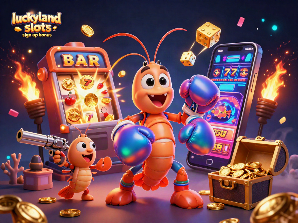 Experience the luckyland slots sign up bonus with dynamic casino characters bursting from a jackpot scene.
