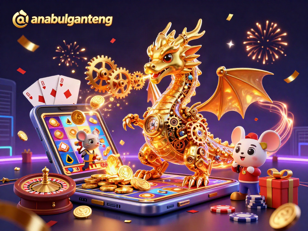 Ikuti langkah anabulganteng dalam suasana kasino dengan mesin slot dan koin emas berhamburan.