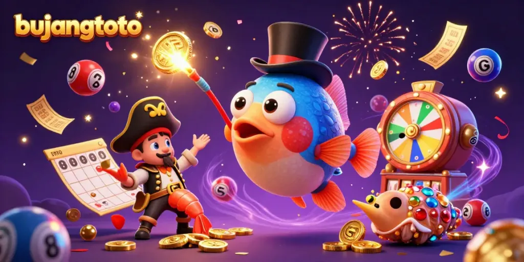 Bujangtoto players gather coins with a lively deep-sea anglerfish, shrimp, and snail amid colorful gaming symbols and dynamic excitement.