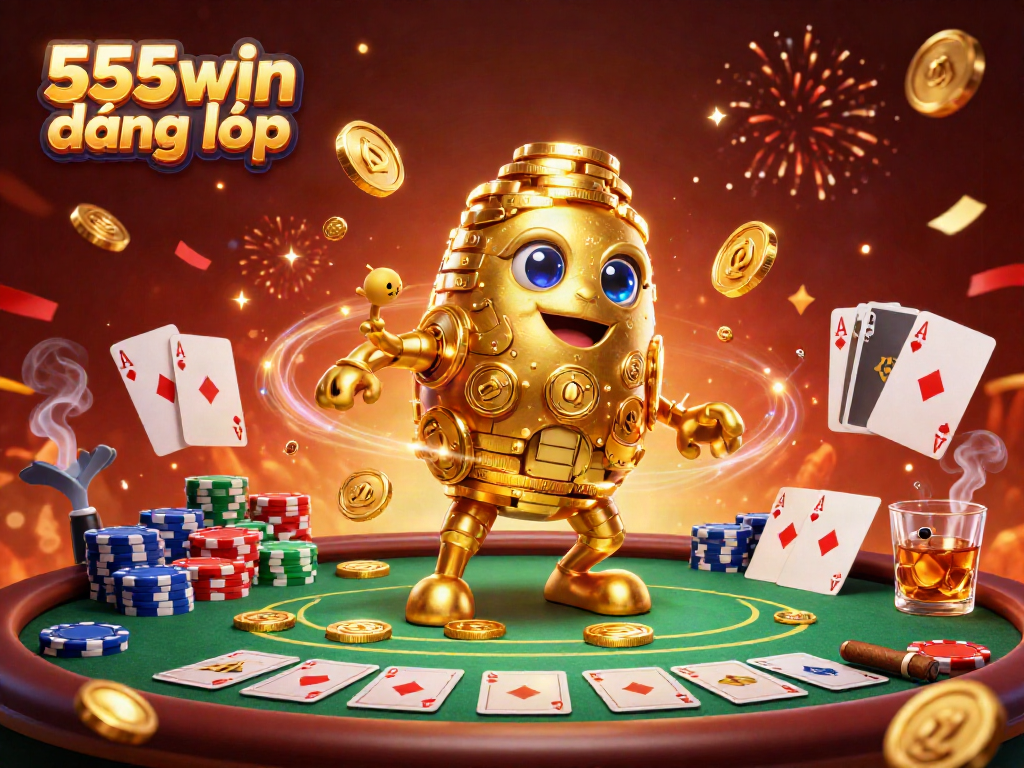 Experience the excitement of 555win đăng nhập with a vibrant casino scene featuring golden golem, poker elements, and celebratory effects.