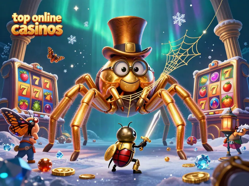 Experience excitement at top online casinos with a golden tarantula and beetle knight in a vibrant casino setting.