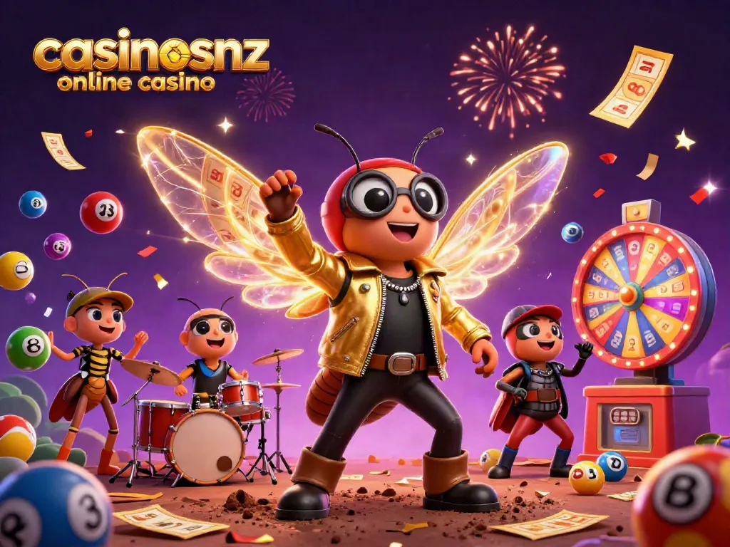Spin and win with casinosnz online casino in a vibrant and colorful 3D illustration showing a rock star cicada and lottery elements.