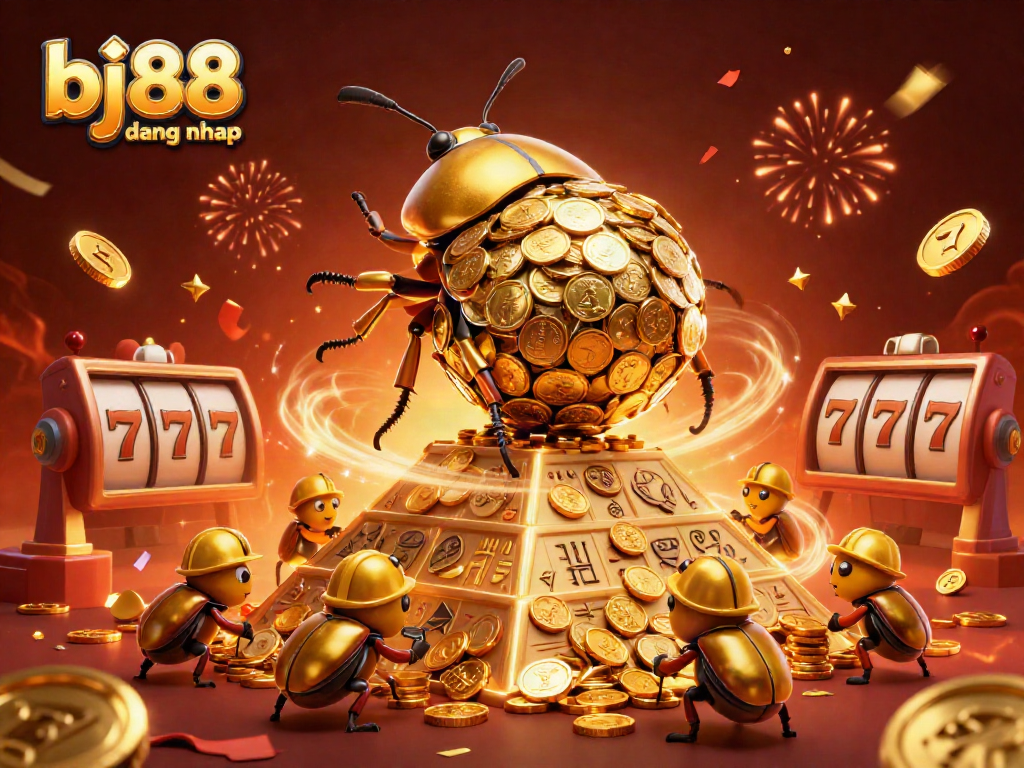 Experience the excitement of bj88 dang nhap with a massive golden dung beetle in a casino-themed celebration, filled with fireworks and coins.