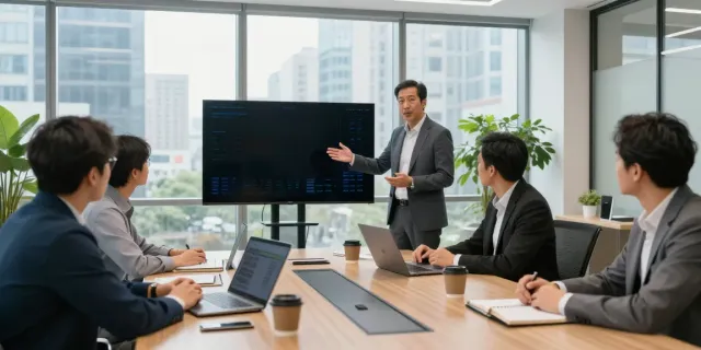 Michael Rustom leading a business strategy session in a modern office.