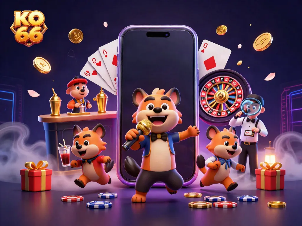 Engage with KO 66 in a vibrant casino scene featuring hyenas in action with dynamic gambling elements.