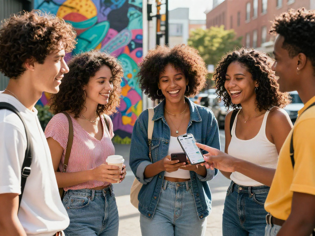 Group of friends engaging in conversation while showcasing their attractive test results on a smartphone, highlighting modern beauty dynamics.