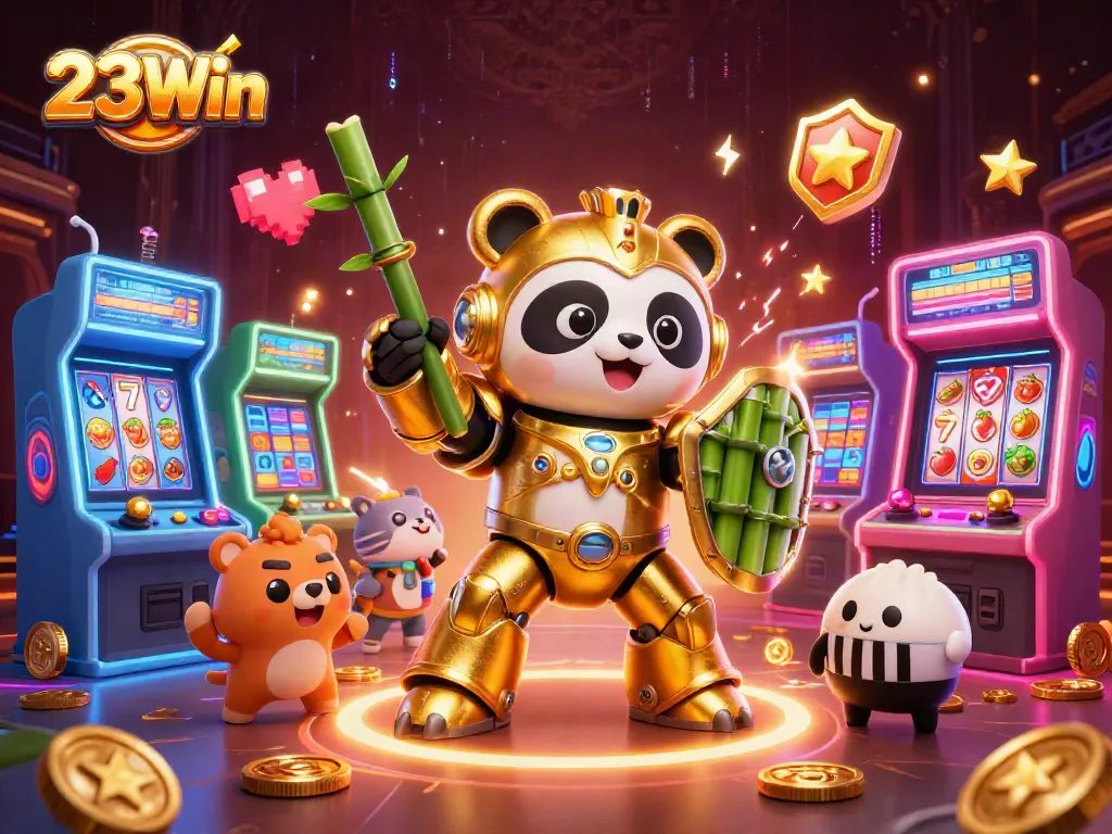 Experience the vibrant 23Win slots craze with this action-packed 3D casino illustration.