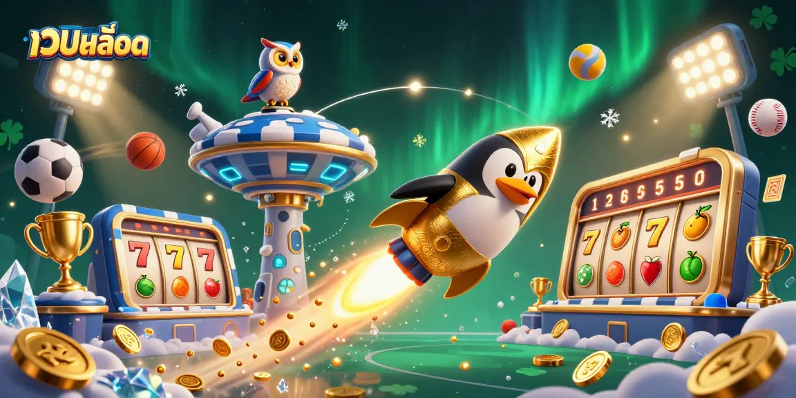 Experience thrilling เว็บสล็อต action with a colorful, dynamic 3D casino illustration featuring slots and sports elements.