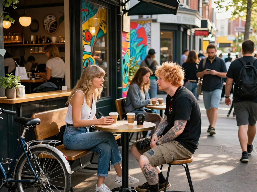 Look alikes of famous people interacting in an urban café scene highlighting their celebrity resemblance.