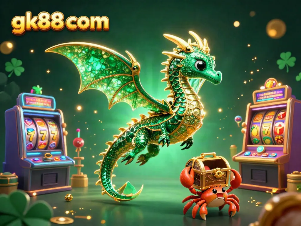 Experience the excitement of gk88 com with a casino-themed vibrant 3D illustration of a sea dragon surrounded by slots.
