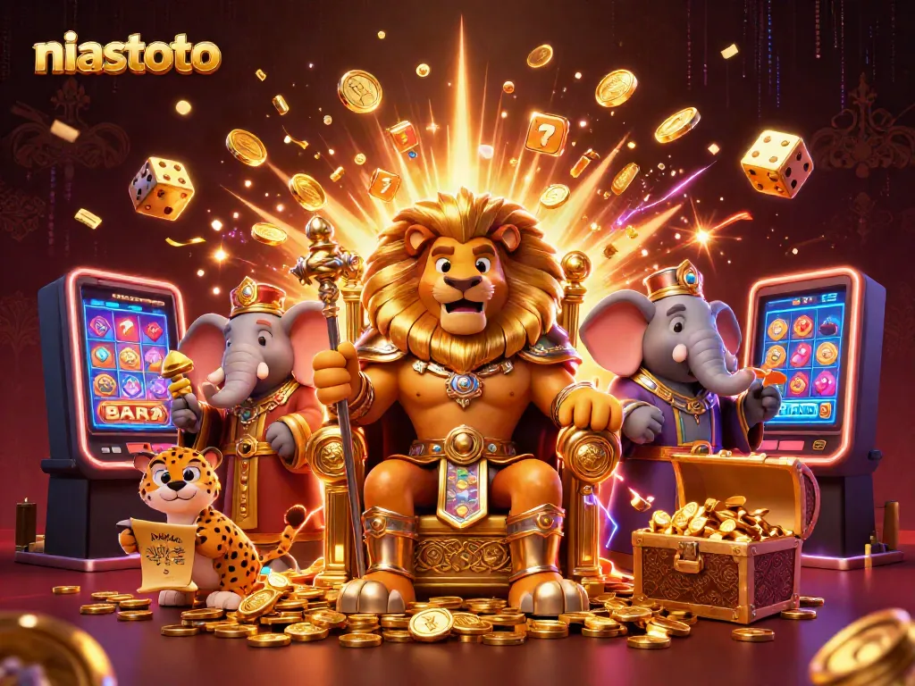 Spin the reels at niastoto with a majestic lion king, elephant advisor, and cheetah messenger amid a jackpot explosion.
