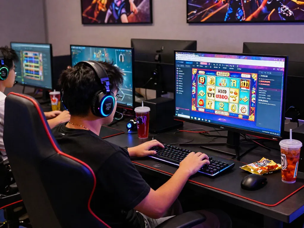 Engaged gamer exploring harga toto online lottery options in a vibrant setup.