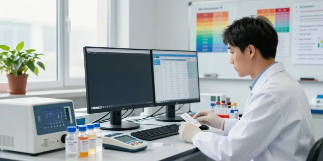 Researcher using peptide price comparison website in a well-lit lab environment.