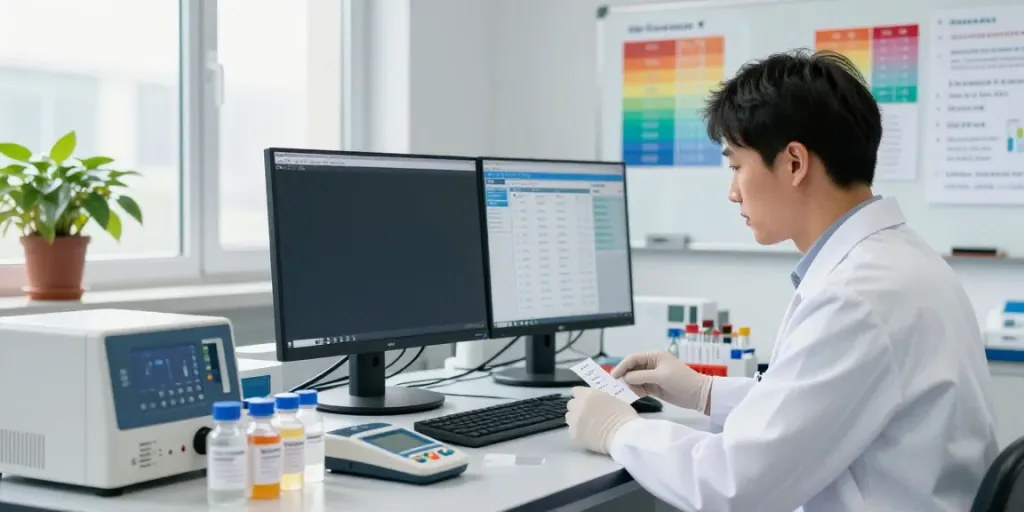 Researcher using peptide price comparison website in a well-lit lab environment.