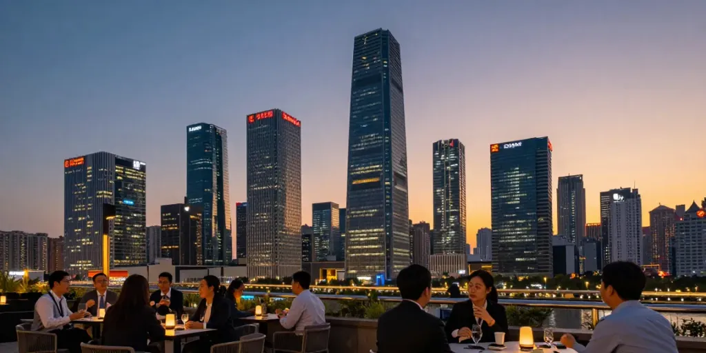 The skyline features the largest insurance company in the world, showcasing its prominence among global financial institutions.