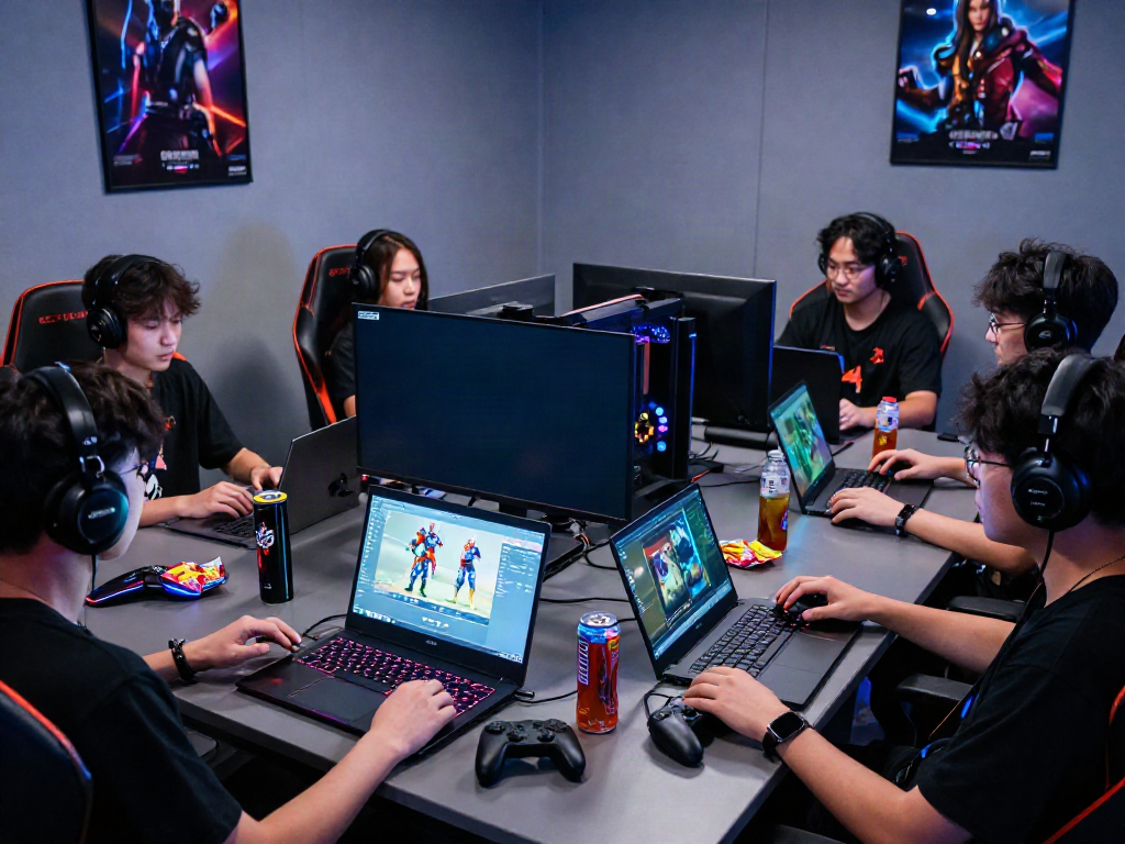 Dynamic gaming scene showcasing friends enjoying QQMacan games with laptops and vibrant lighting.