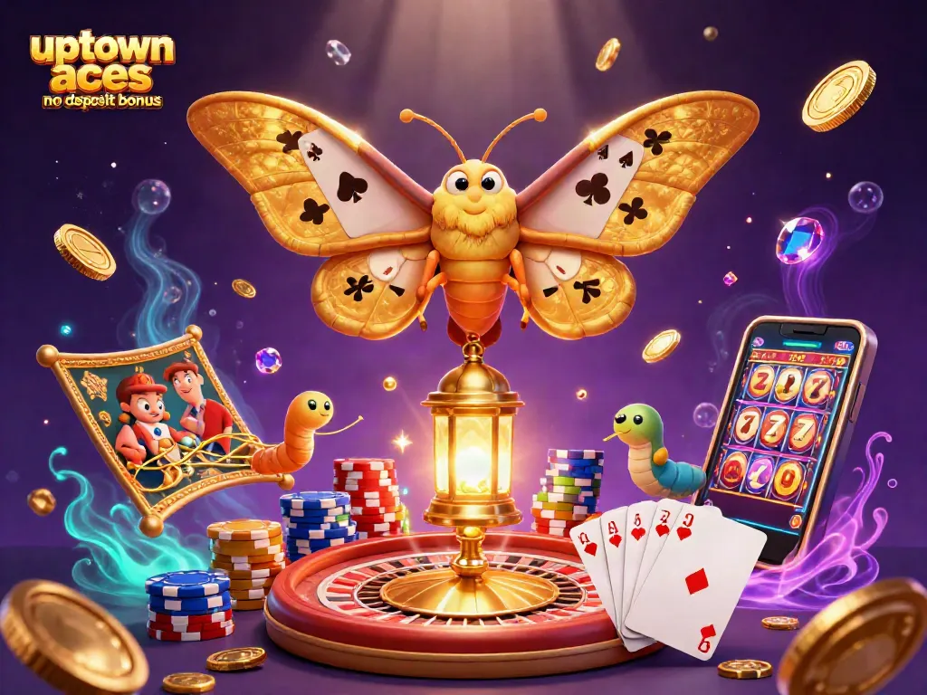 Unleash the fun with uptown aces casino no deposit bonus, featuring golden coins and vibrant casino scenes.