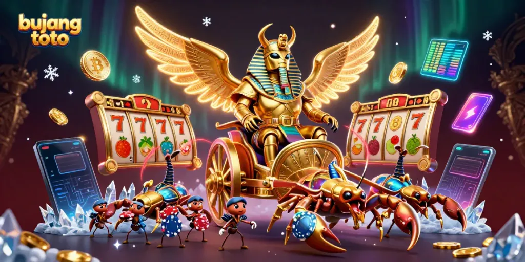 Experience the excitement of bujang toto slots with vibrant 3D visuals, featuring a golden scarab beetle and scorpion chariots.